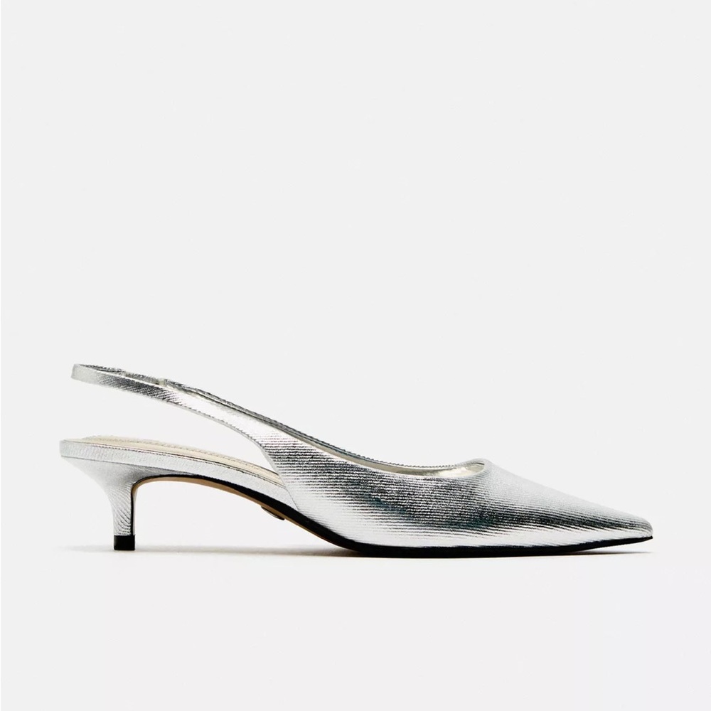 Zara Silver Metallic Slingback Pointed Toe Kitten Heels